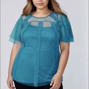 🌺 Lane Bryant Teal Mesh Ruffle Layered Top 18/20